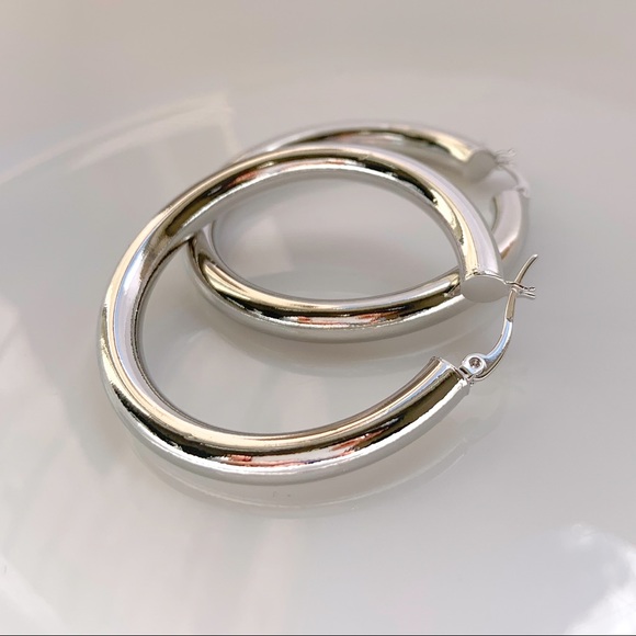 SILVER HOOP EARRINGS THICK TUBE HOOPS - Picture 2 of 5